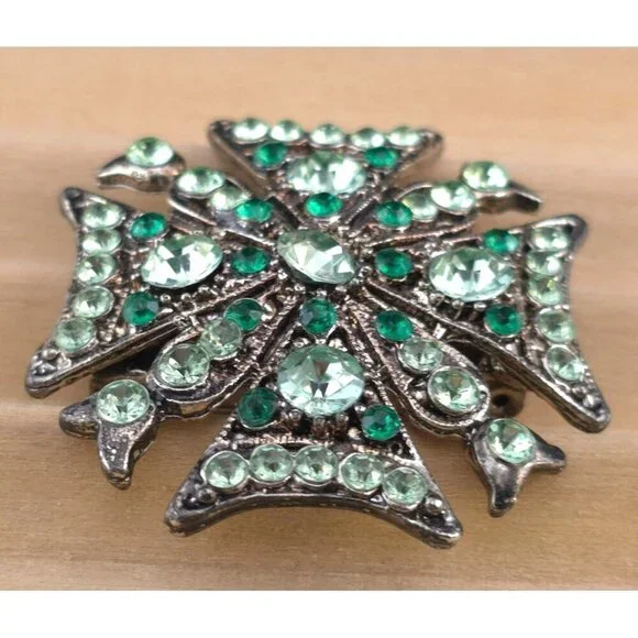 Vintage Green Rhinestone Cross Brooch Pin Statement - Picture 3 of 9